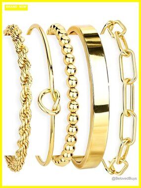 14K Gold Plated Sterling Silver Cuff Bracelet Set Stackable Tie Knot Cuban Rope
